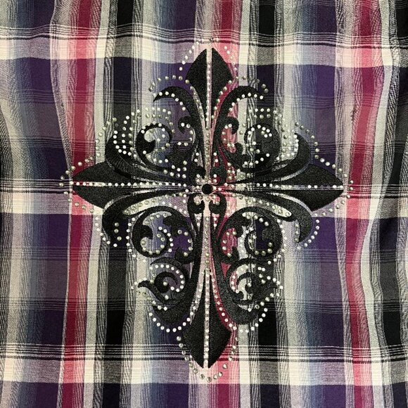 Maurices Premium Purple Plaid Shirt  with Fleur De Lis Embellishments - Picture 3 of 12